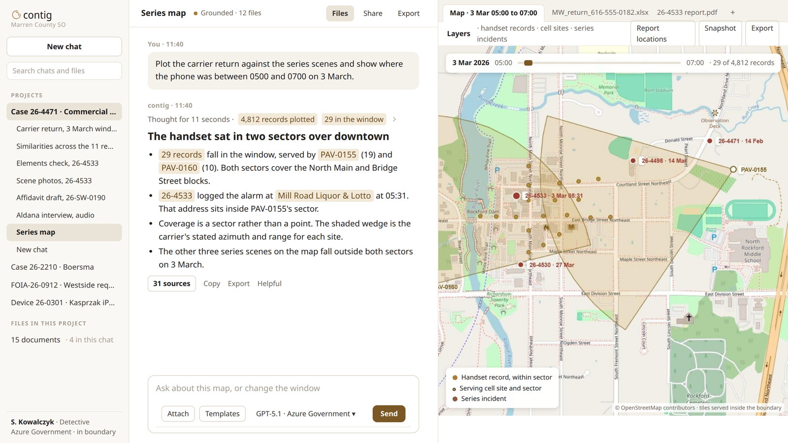 The map tool showing a fictional carrier return over a two-hour window: serving cell sites, handset records and one incident, with the answer written out beside it.