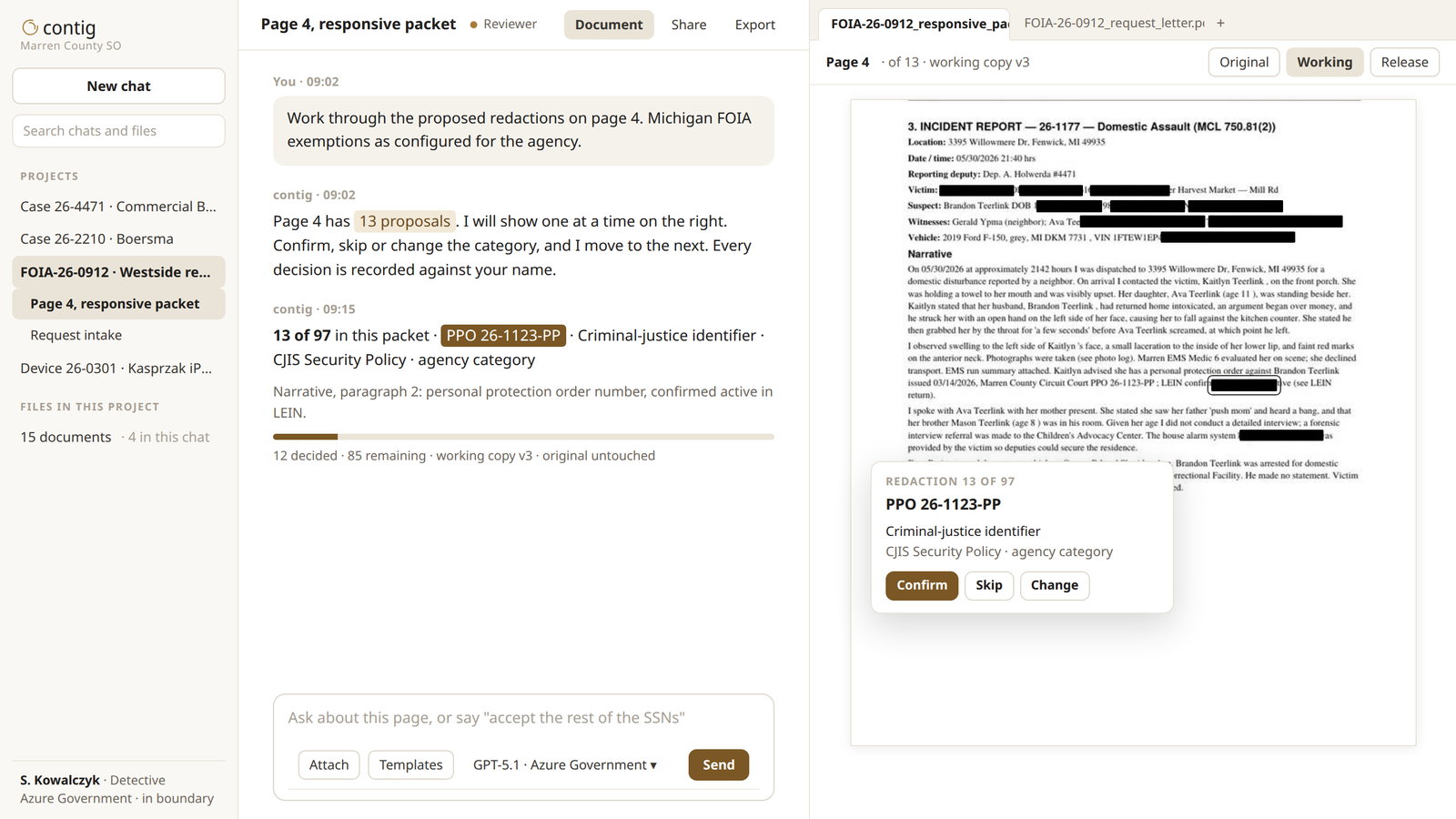 The redaction reviewer on a fictional records packet: proposed redactions listed under the exemption each is claimed under, awaiting accept or reject.