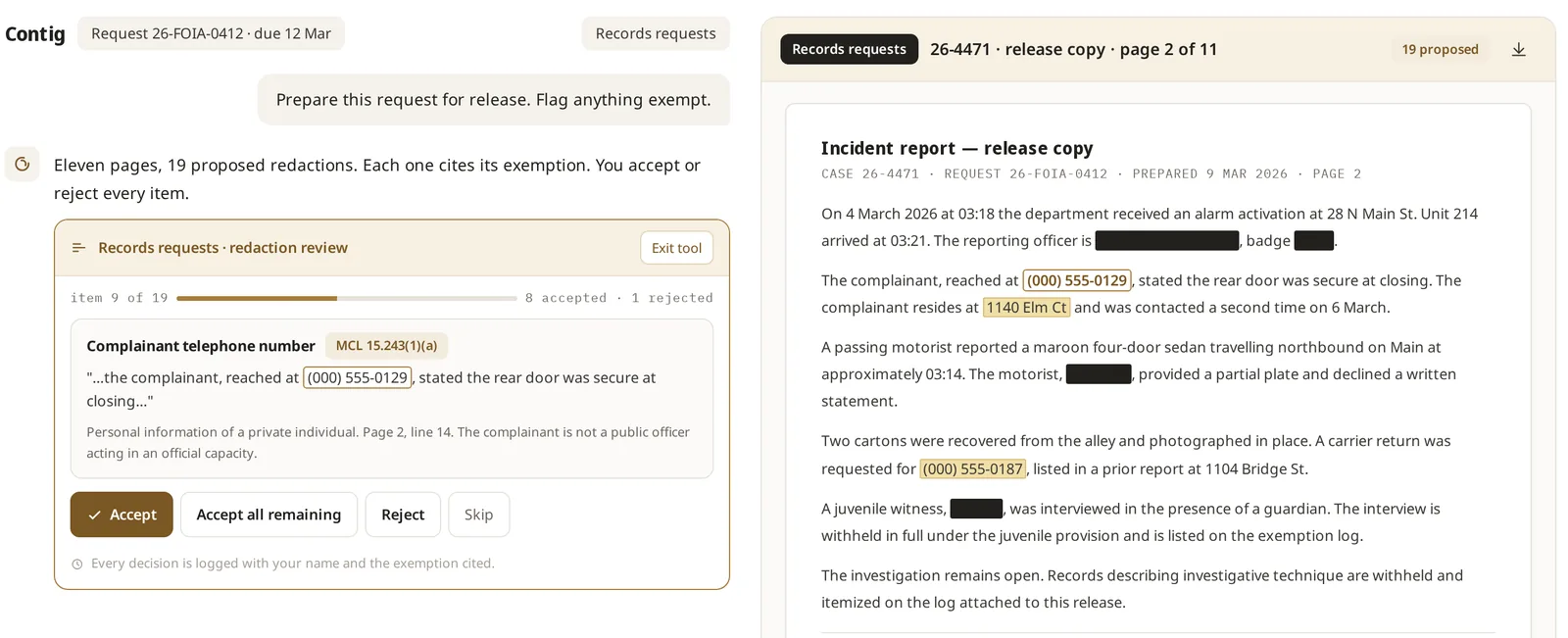 A fictional records request in review: a proposed redaction citing its exemption, awaiting a person's accept or reject